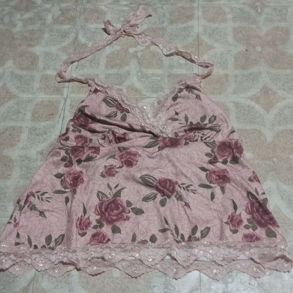Plus Size Rose Print Babydoll Halter Top